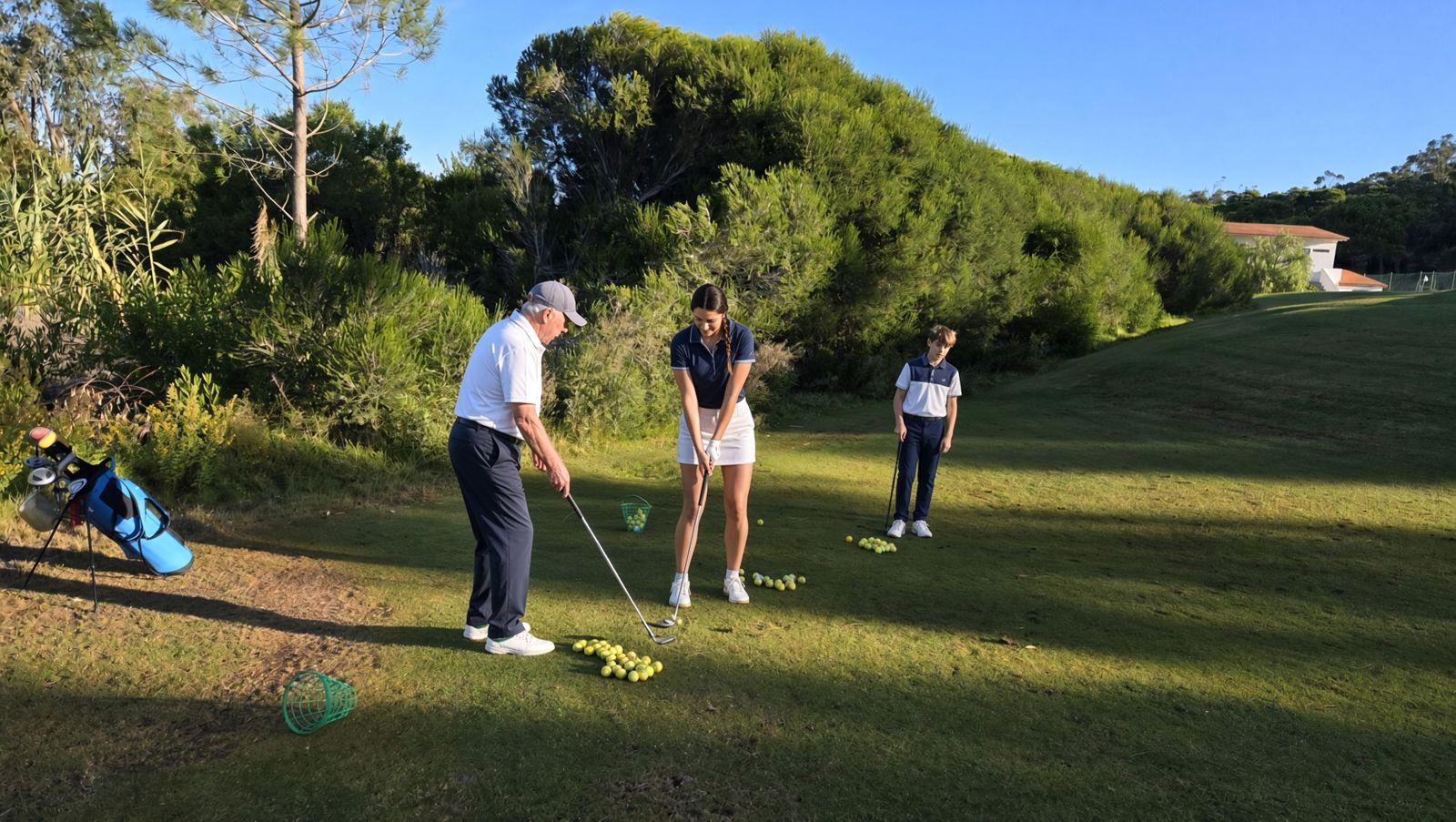 Gordon Young giving a golf lesson to a small group on a sunny morning in Portugal